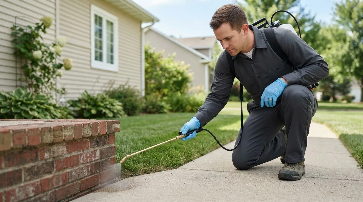 Pest control technician treating a home near Blue Springs, MO